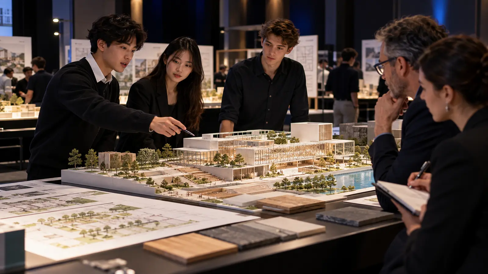 Students presenting a contemporary architectural scale model to a jury