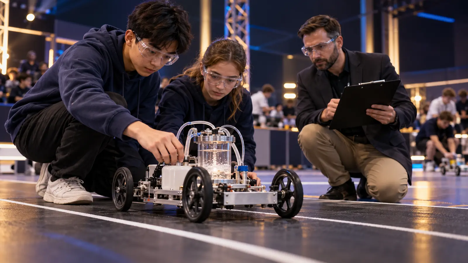 Students inspecting a chemical-powered Chemecar vehicle on its competition track