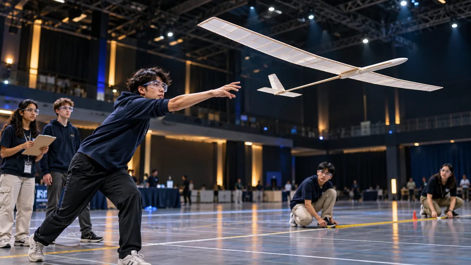 Student launching a lightweight hand-built glider during an indoor flight competition