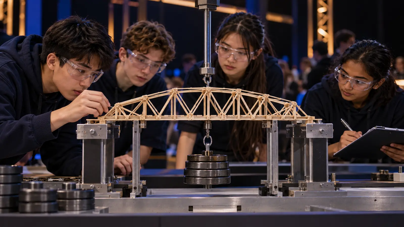 Students testing a lightweight truss bridge on a load-testing rig