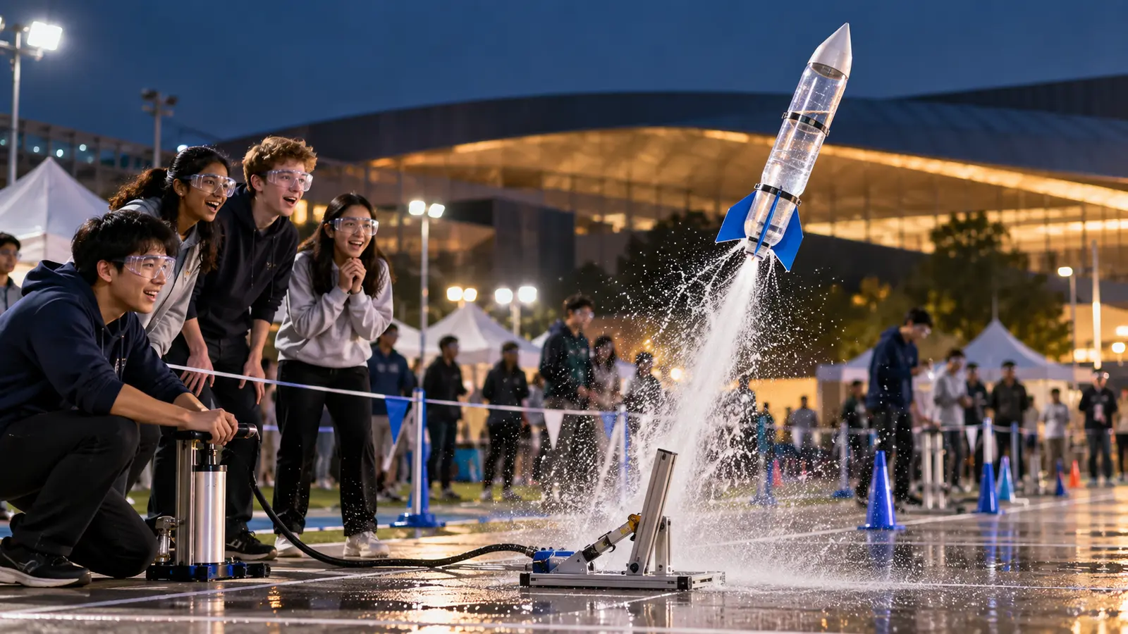Student-built water rocket launching from a safe pressure launcher